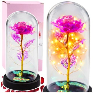 Wieczna Kryształowa Róża w Kopule z Oświetleniem LED Różowa 21x11cm