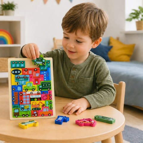 Drewniane Puzzle Łamigłówka Układanka Logiczna Pojazdy Kolorowe 23 el.