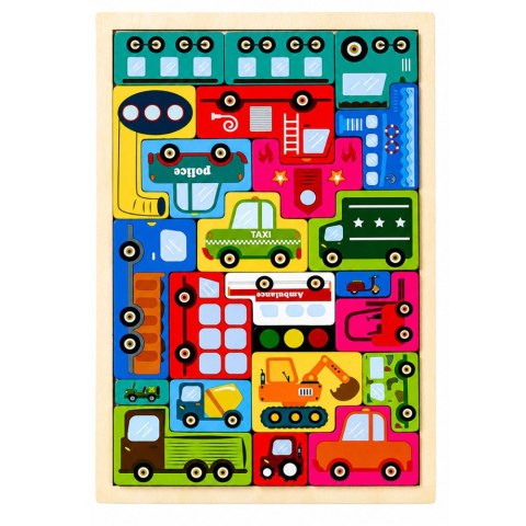 Drewniane Puzzle Łamigłówka Układanka Logiczna Pojazdy Kolorowe 23 el.
