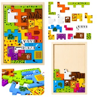 Drewniane Puzzle Łamigłówka Układanka Logiczna Zwierzęta Kolorowe 20 el.